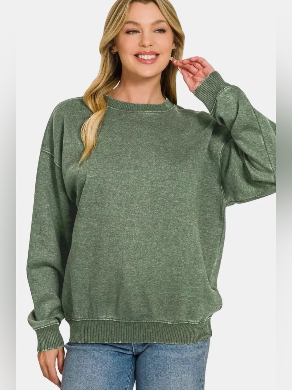 OTW-4500Y Zenana Army Green Fleece Acid Enzyme Washed Round Neck Sweatshirt